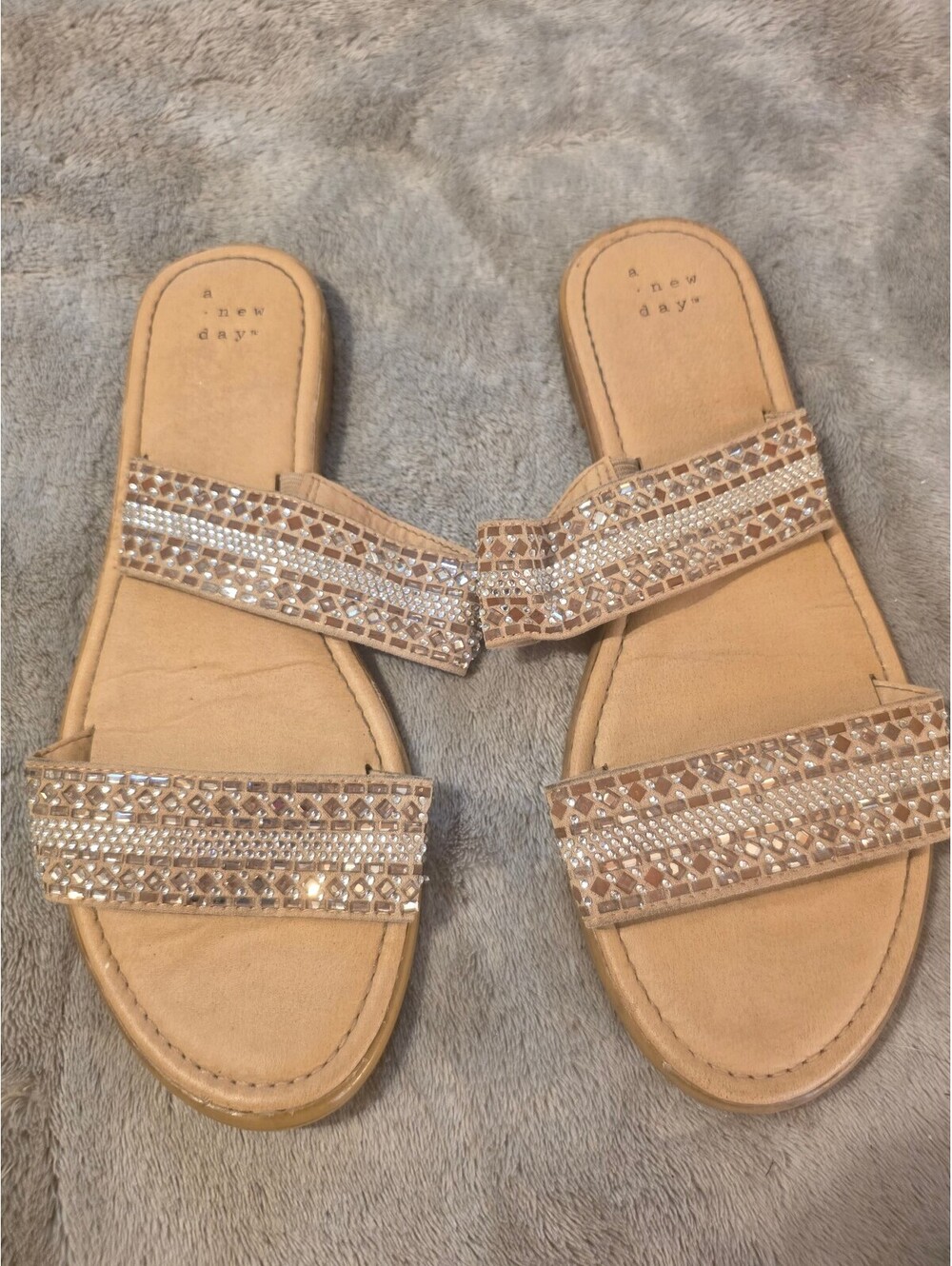 A new day tan rhinestone strap slide sandals 7.5